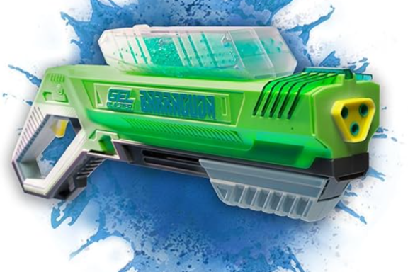 Bright green toy gun with transparent chamber, splatter background.
