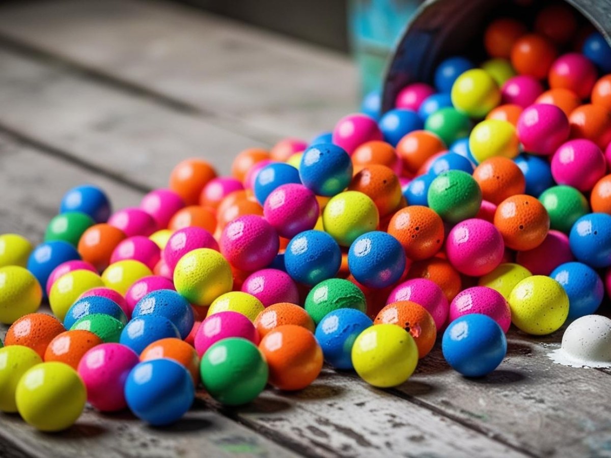Brightly colored balls spill from a metal bucket onto a wooden surface.