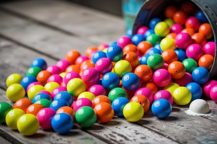 Brightly colored balls spill from a metal bucket onto a wooden surface.