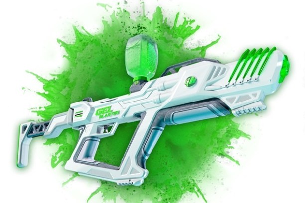 White and green gel blaster gun with a splash of green paint in the background.