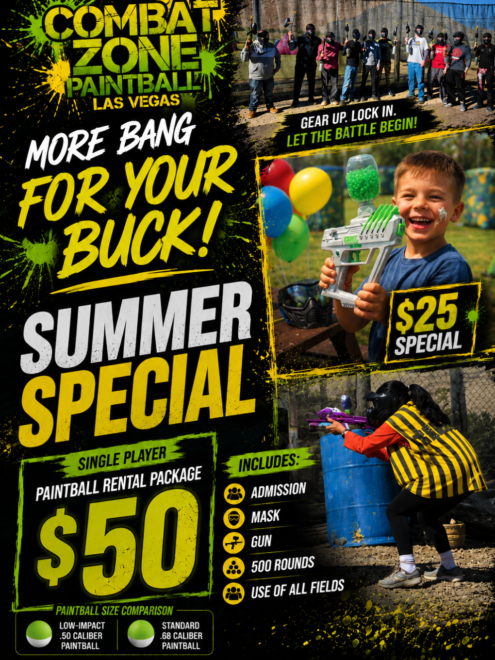 Paintball summer special poster with pricing and gear information.